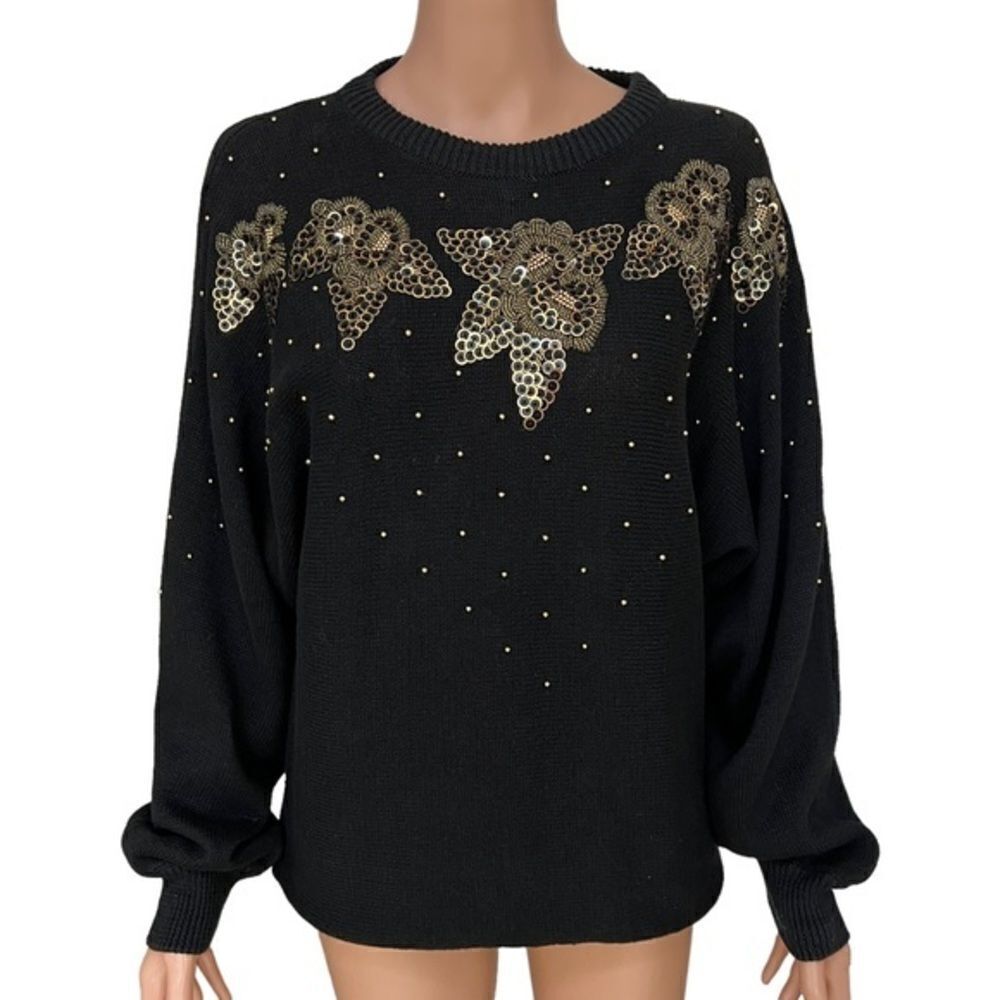 Dana Scott Vintage ramie/cotton embelished black sweater size M Shoulder Pads